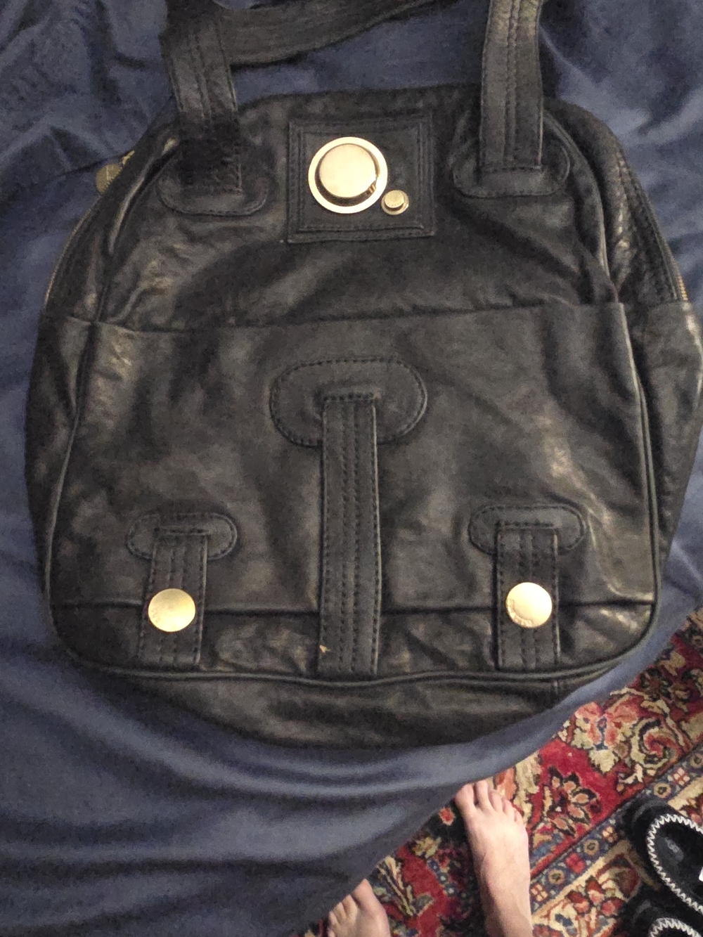 Gustto Classic Black Leather Tote Bag with Gold Hardware